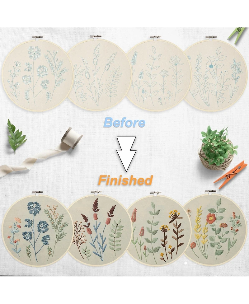 Gnuadz 4 Sets Embroidery Kit Beginners Clothes Pattern Hoops Threads
