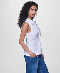 Dkny Jeans Women's Sleeveless Collared Twist Front Button-Up Shirt