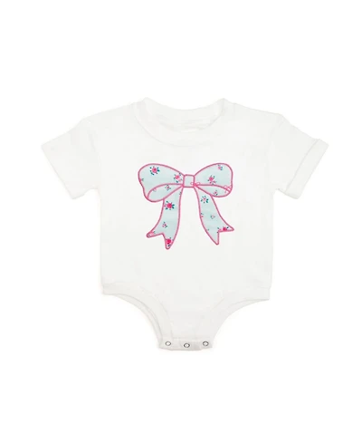 Sweet Wink Baby Girls Sky Blue Floral Bow Patch Short Sleeve Romper