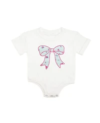 Sweet Wink Baby Girls Sky Blue Floral Bow Patch Short Sleeve Romper