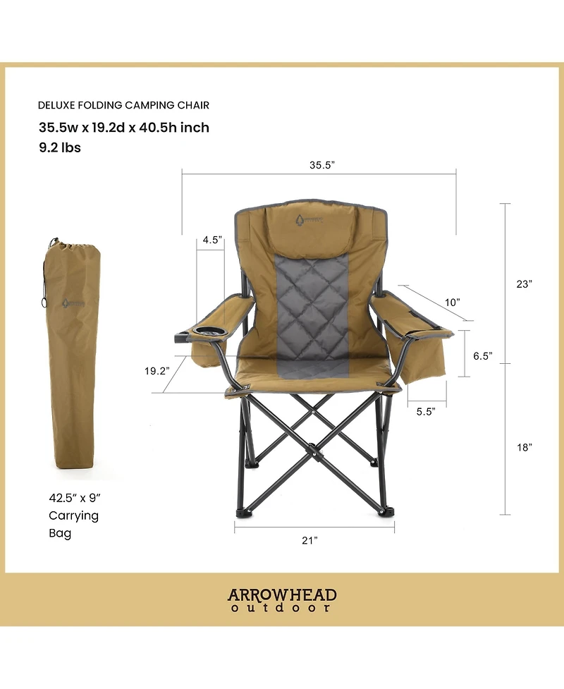 Arrowhead Outdoor Folding Camp Chair w/ Headrest, Cup and Wine Glass Holder, Armrest 6-can Cooler, Carry Bag, 550 lbs Capacity