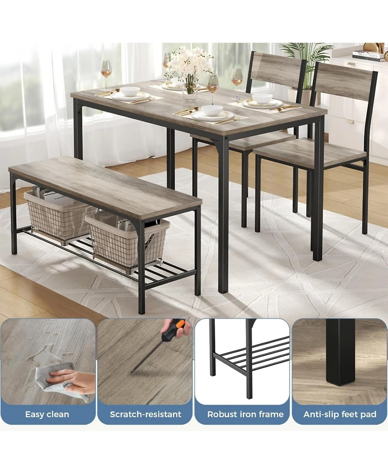 Yiortwo 4-Piece Dining Table Set with Bench, 2 Chairs and Storage Shelf