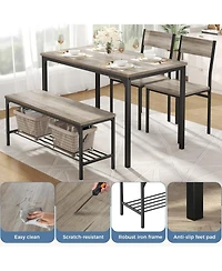 Yiortwo 4-Piece Dining Table Set with Bench, 2 Chairs and Storage Shelf