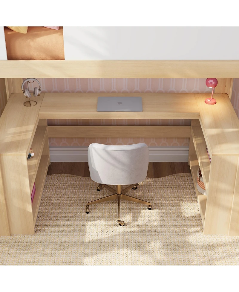 Max and Lily Mid-Century Modern Twin Loft Bed with Wraparound Desk Shelves