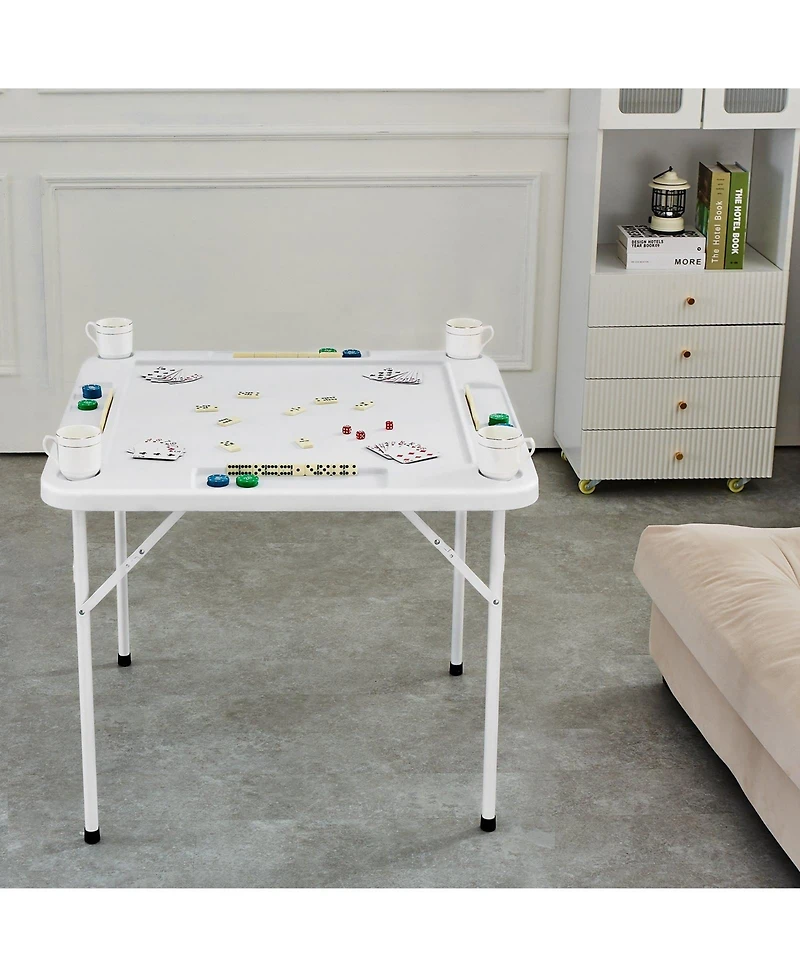 Mecale 35.4" Square Folding Mahjong Table for 4 Players, Cup Holders & Chip Trays, Includes Domino Set, Portable Game Table, White