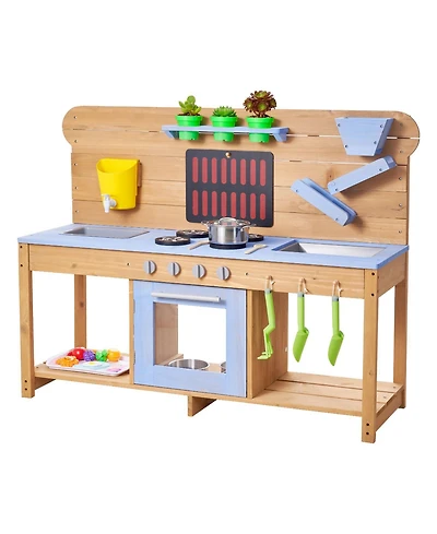 Mecale Wooden Outdoor Mud Kitchen with Double Sinks for Kids, Ages 3