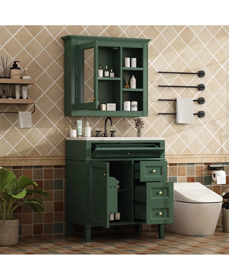 Sillysis 30 Inch Modern Bathroom Vanity with Mirror Cabinet, Solid Wood and Mdf, Ceramic Sink, Ample Storage for Home Bath