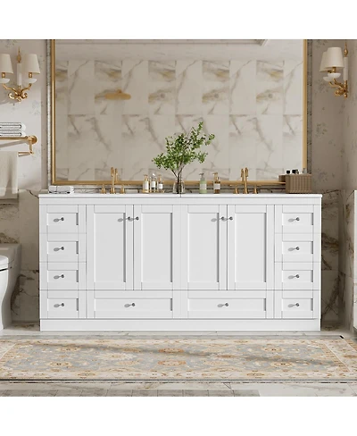 Sillysis 72 Inch Double Sink Bathroom Vanity, Modern Freestanding Mdf Cabinet with Soft Close Drawers and Ceramic Sinks for Ample Storage