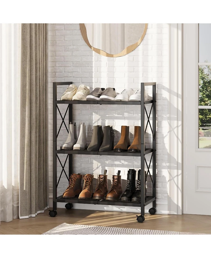 gaomon 3-Tier Metal Frame Slim Shoe Rack with Non Woven Shelves & Wheels