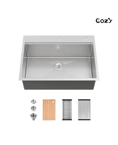 Busdays Stainless Steel Kitchen Sink Single Bowl Overmount Handmade Brushed with Cutting Board and Colander