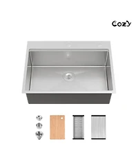 Busdays Stainless Steel Kitchen Sink Single Bowl Overmount Handmade Brushed with Cutting Board and Colander