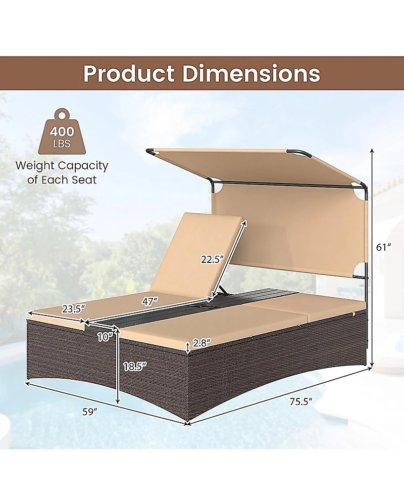 2-Person Pe Rattan Patio Daybed with Adjustable Backrests