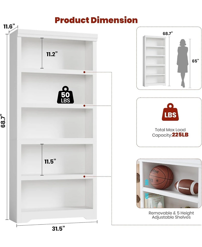 gaomon 75" Tall Farmhouse Bookshelf, 5 Tier Open Bookcase with Adjustable Shelves and Anti-Tip Design for Living Room