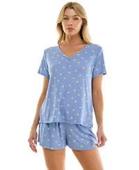 Jaclyn Intimates Women's V-Neck Henley Top and Flared Pajama Shorts, 2-Piece Set