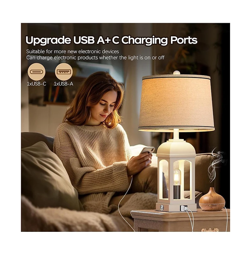 Sofucor 26-inch Table Lamp for Living Room, Farmhouse Lamps Set of 2 with Usb A+C and Nightlight