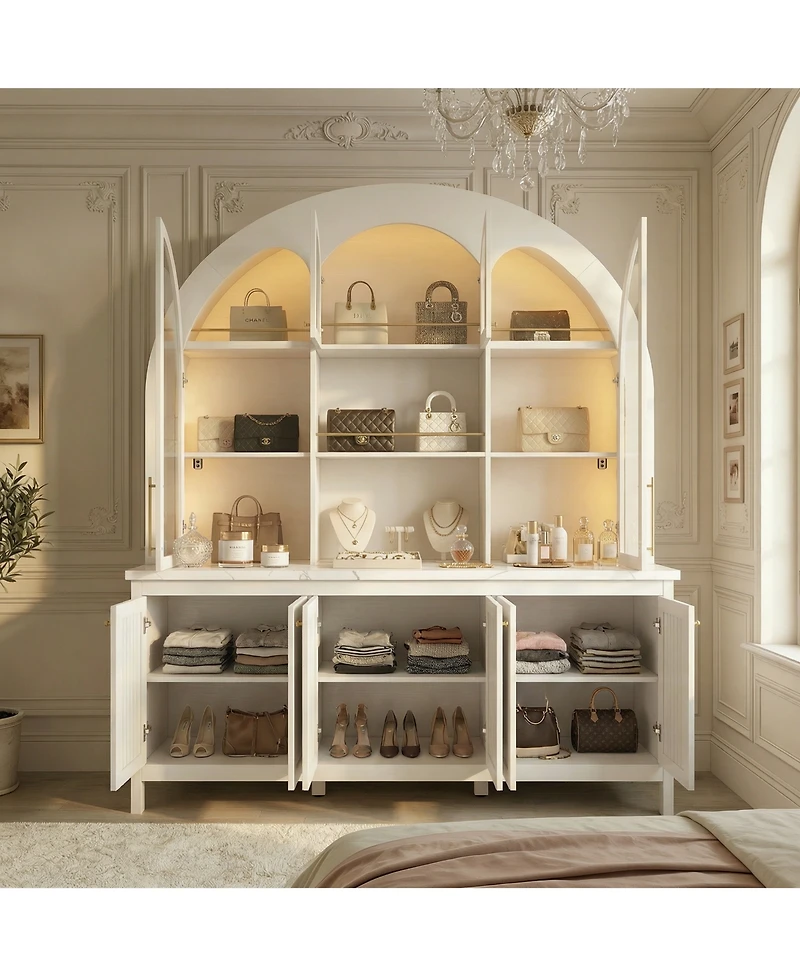 Homsee Modern Cabinet with Bluetooth Led Lighting - Farmhouse Hutch with Rock Texture Finish | Accent Storage Cabinet with Glass Doors