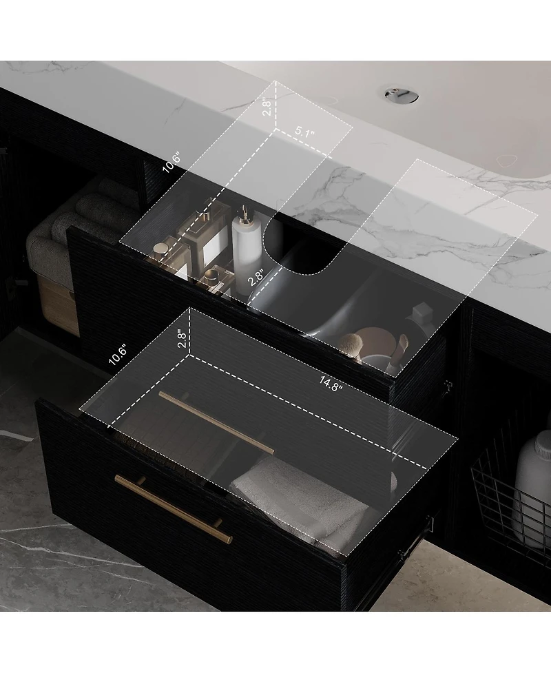 Sillysis Wall Mounted Bathroom Vanity with Faux Marble Top, Soft Close Drawers, Seamless Ceramic Sink, Black Plywood Cabinet
