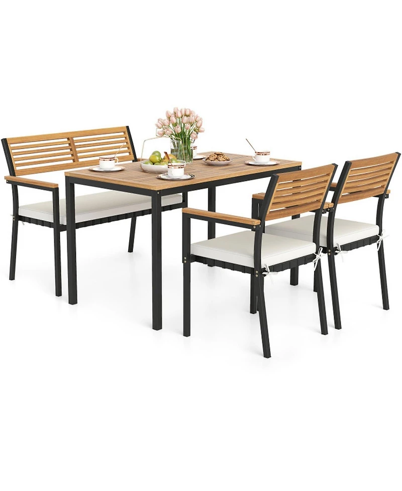 Gouun 4 Piece Acacia Wood Patio Dining Set with Rectangular Table, 2 Chairs and Bench, Umbrella Hole