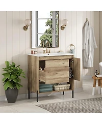 Sillysis Modern Bathroom Vanity with Ceramic Sink, Solid Wood and Metal Legs, Ample Storage Drawers and Open Shelf for Bath