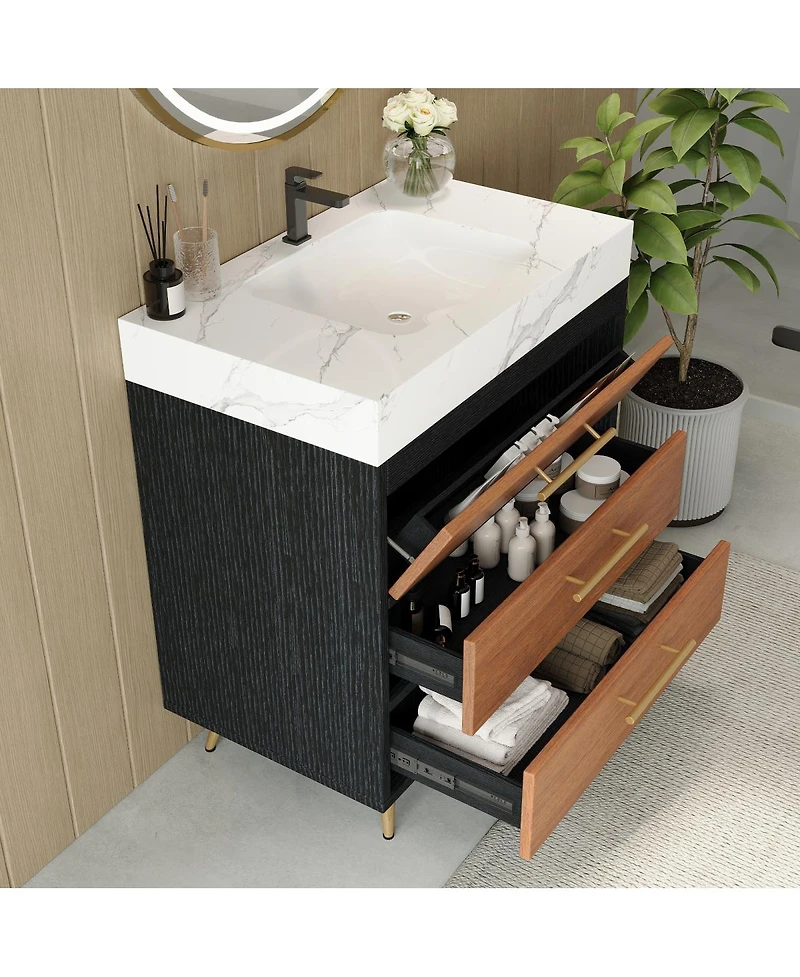 Sillysis Walnut Freestanding Bathroom Vanity with Sintered Stone Top, Ceramic Sink, Tilt-Out and Soft-Close Drawers