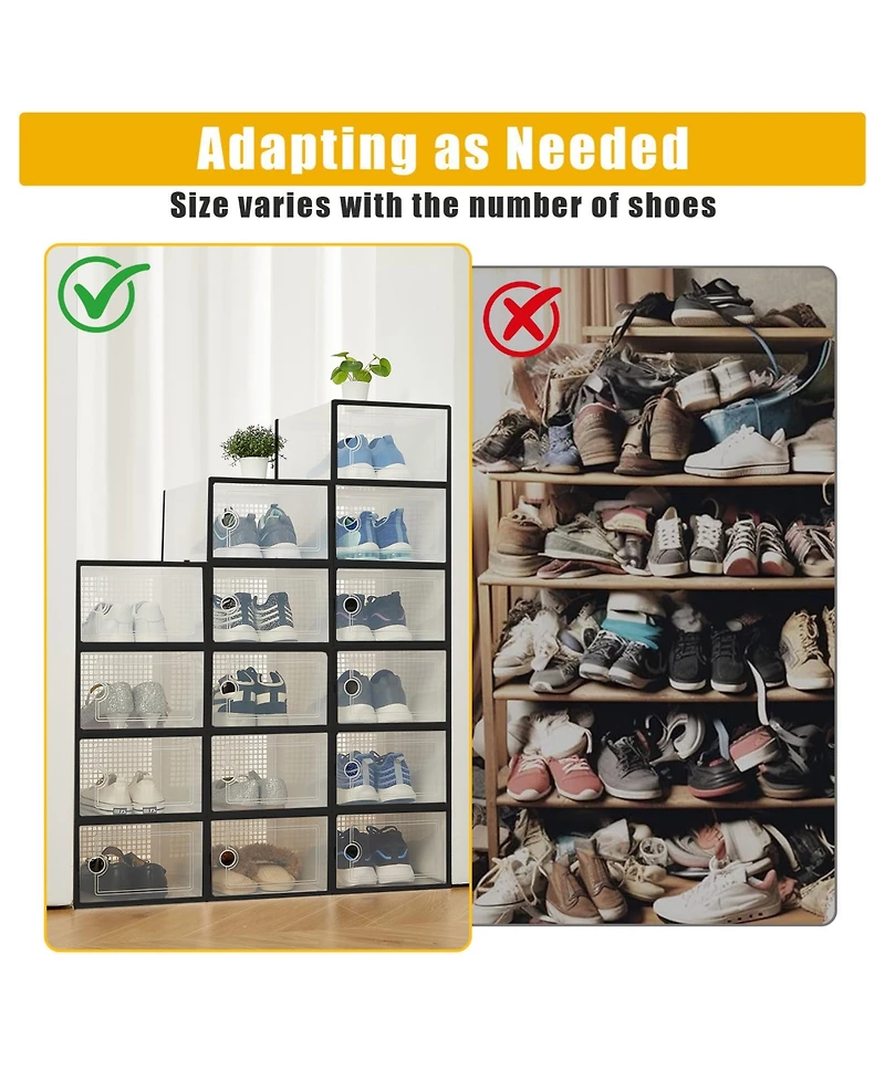 homfan 12Pcs Clear Collapsible Shoe Storage Boxes - Stackable Transparent Organizer Bins for Closet, Home, and Shoes Space-Saving