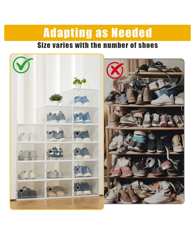 homfan 12Pcs Clear Collapsible Shoe Storage Boxes - Stackable Transparent Organizer Bins for Closet, Home, and Shoes - Space-Saving