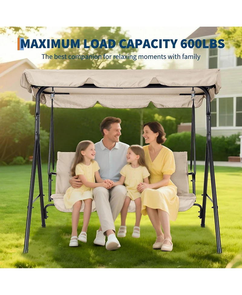 GarveeLife Outdoor Porch Swing with Adjustable Canopy, 3-Seat Patio Chair Stand Heavy Duty Metal Frame for Garden