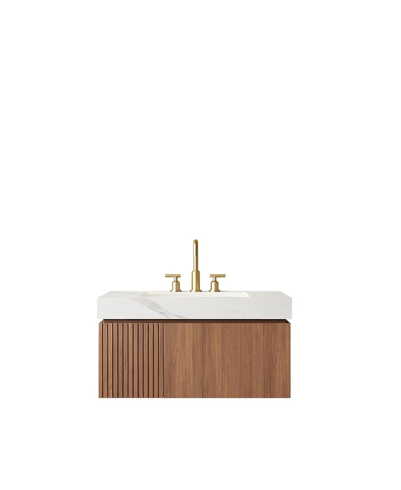 Sillysis Wall Mounted Bathroom Vanity, Carrara Sintered Stone Top, 3-Hole Ceramic Sink, Soft Close Cabinet