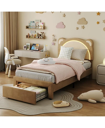 homfan Led Headboard Kids Bed Frame - Adjustable Cute Bear Design, Suede Upholstery, Storage Drawer, Plain Wood Slats, Noise-Free