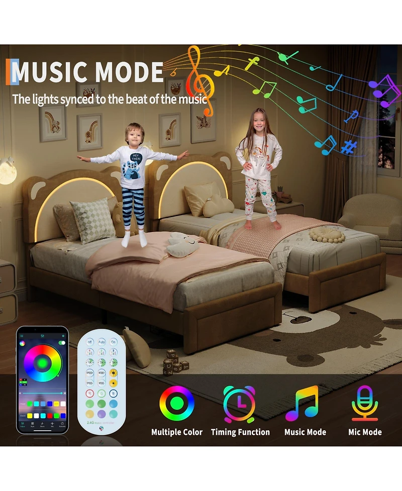 homfan Led Headboard Kids Bed Frame - Adjustable Cute Bear Design, Suede Upholstery, Storage Drawer, Plain Wood Slats, Noise-Free