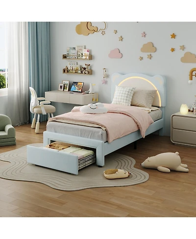 homfan Led Headboard Kids Bed Frame - Adjustable Cute Bear Design, Suede Upholstery, Storage Drawer, Plain Wood Slats, Noise-Free