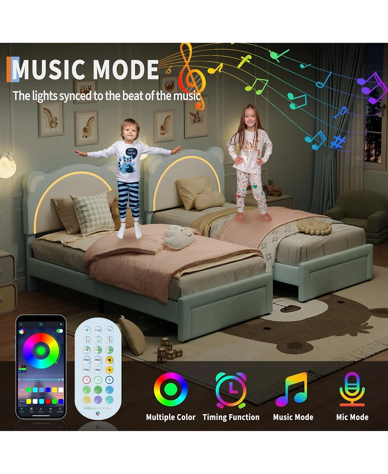 homfan Led Headboard Kids Bed Frame - Adjustable Cute Bear Design, Suede Upholstery, Storage Drawer, Plain Wood Slats, Noise-Free