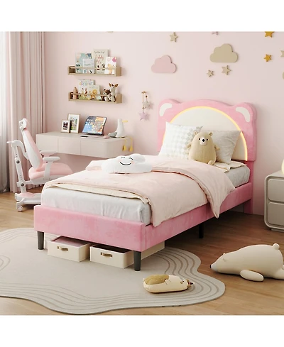homfan Led Headboard Kids Bed Frame - Adjustable Cute Bear Design, Suede Upholstery, Storage Drawer, Plain Wood Slats, Noise-Free