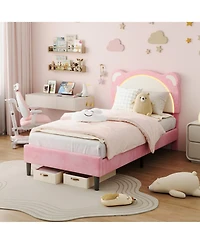 homfan Led Headboard Kids Bed Frame - Adjustable Cute Bear Design, Suede Upholstery, Storage Drawer, Plain Wood Slats, Noise-Free