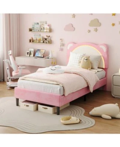 Homfan Led Headboard Kids Bed Frame Adjustable Cute Bear Design Suede Upholstery Storage Drawer Plain Wood Slats Noise Free Easy Assembly