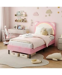 Homfan Led Headboard Kids Bed Frame Adjustable Cute Bear Design Suede Upholstery Storage Drawer Plain Wood Slats Noise Free Easy Assembly