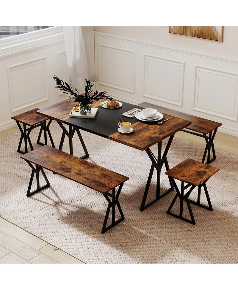 Slickblue 5 Piece Dining Room Set Rectangular Table 2 Benches 2 Stools