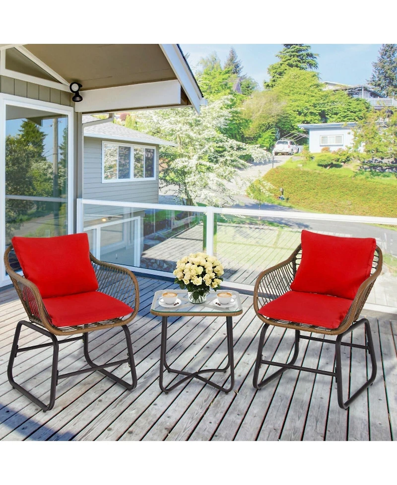 Gouun 3 Piece Outdoor Rattan Bistro Conversation Set with Glass Side Table and 2 Armchairs