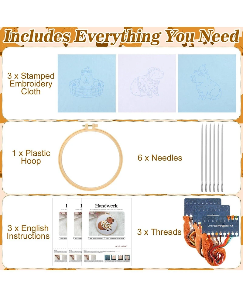 Gnuadz 3 Sets Capybara Embroidery Kit Beginner Needlepoint Hoop Thread Instruction