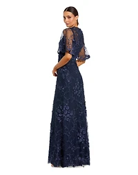 Mac Duggal Petite Flutter Sleeve Floral Embroidered Net Gown