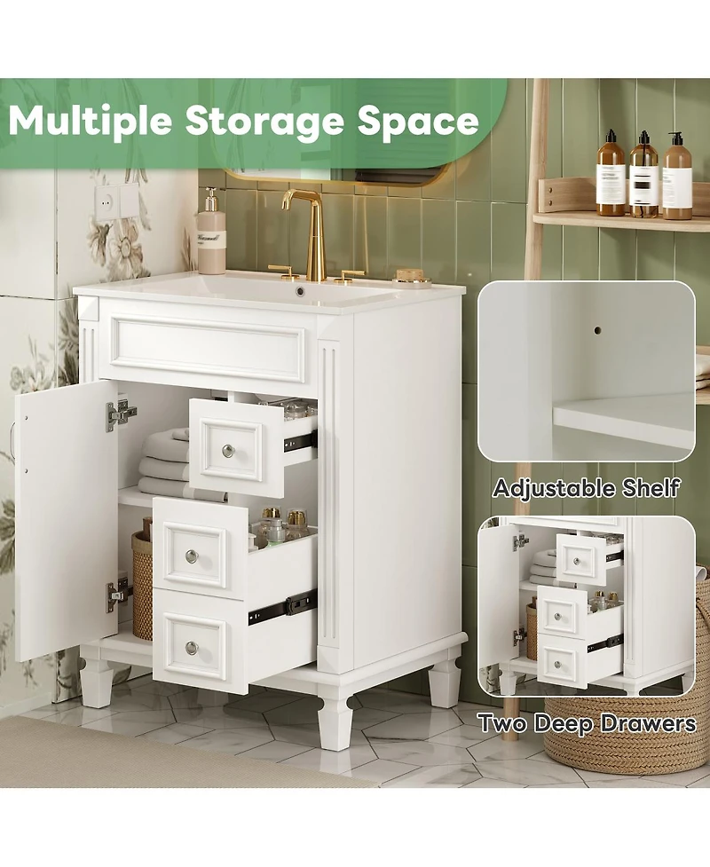 Sillysis 24 Inch French Freestanding Bathroom Vanity with Ceramic Sink, 2 Drawers and Adjustable Shelf for Small Spaces