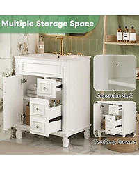 Sillysis 24 Inch French Freestanding Bathroom Vanity with Ceramic Sink, 2 Drawers and Adjustable Shelf for Small Spaces