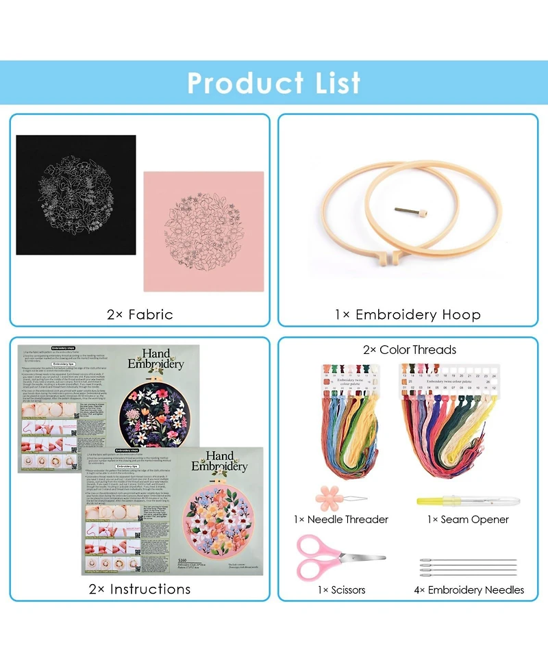 Gnuadz 2 Set Embroidery Kit Beginners Floral Cross Cloth Hoops Threads