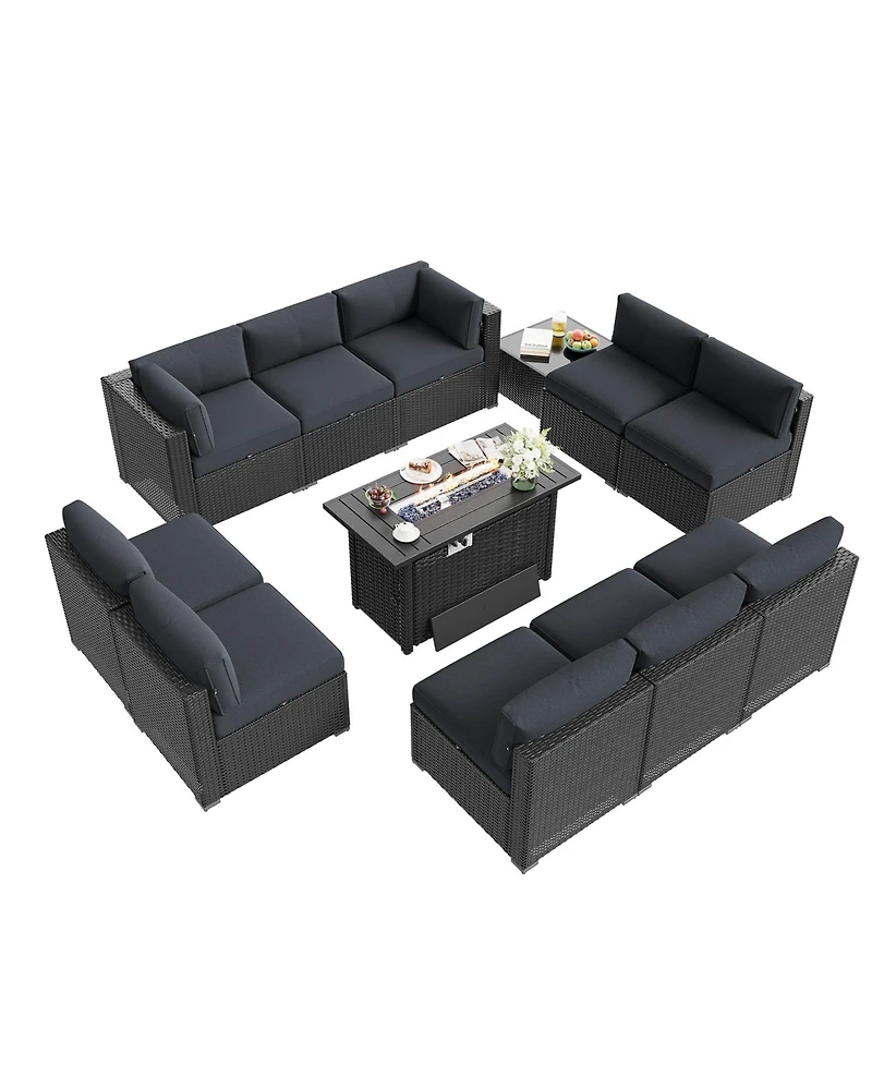 Aoxun 12-Piece Outdoor Black Wicker Patio Conversation Set with 44" Propane Fire Pit Table and Cushions