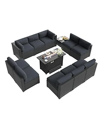 Aoxun 12-Piece Outdoor Black Wicker Patio Conversation Set with 44" Propane Fire Pit Table and Cushions
