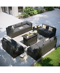 Aoxun 12-Piece Outdoor Black Wicker Patio Conversation Set with 44" Propane Fire Pit Table and Cushions