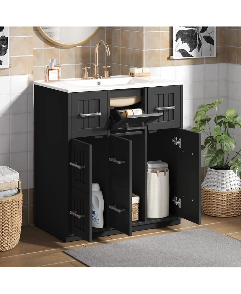 Sillysis 30 Inch Modern Bathroom Vanity with Ceramic Sink, Tip-Out Drawer, Soft Close Doors, Flexible Storage for