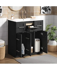 Sillysis 30 Inch Modern Bathroom Vanity with Ceramic Sink, Tip-Out Drawer, Soft Close Doors, Flexible Storage for