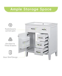 Sillysis 30 Inch Modern Bathroom Vanity with Ceramic Sink, Solid Wood, Multiple Drawers and Door Shelf for Stylish Bath
