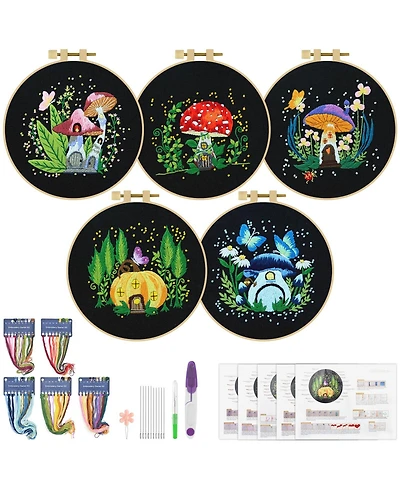Gnuadz 5Sets Embroidery Kit Beginners Cross Stitch Hoops Threads